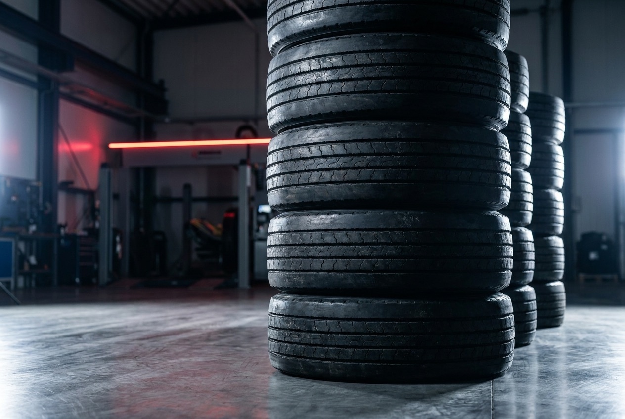 A neat stack of retreaded truck tyres on the RubberOn factory floor